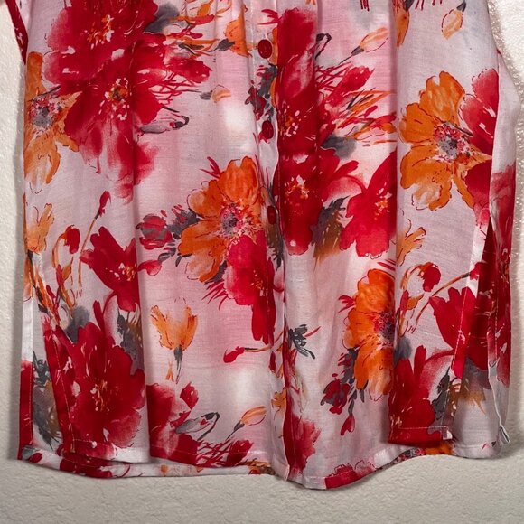 Christina M Floral Button-Up Tunic Embroidered Pin-Tuck 3/4 Sleeves Red & Orange - Picture 14 of 16